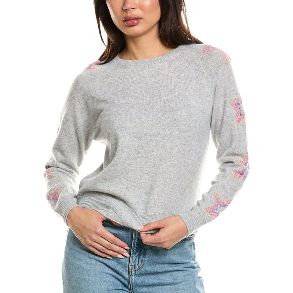 Brodie Cashmere Womens  Star Dust Sleeve Crewneck 100% Cashmere Sweater, Grey